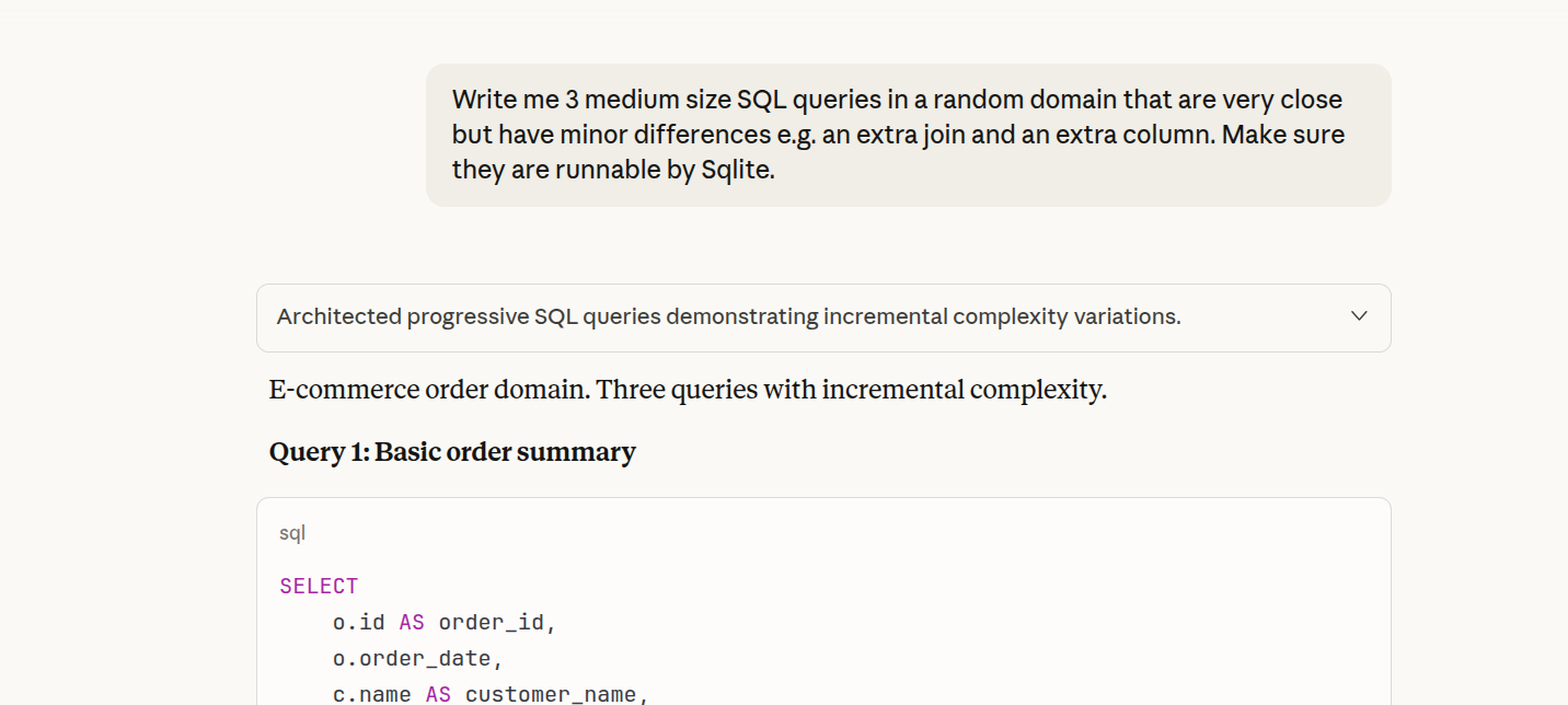 Claude's response showing the three SQL queries