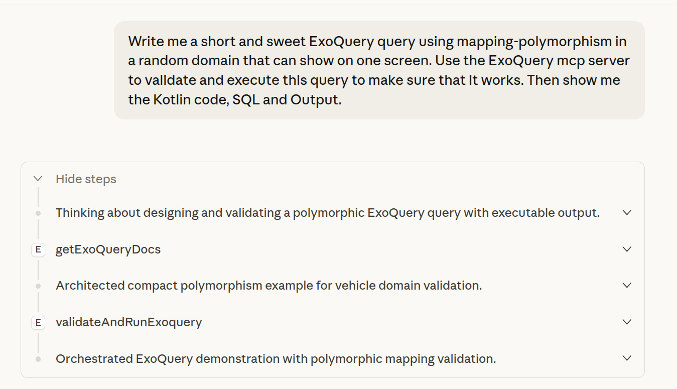 Claude using ExoQuery MCP tools to validate a polymorphic query