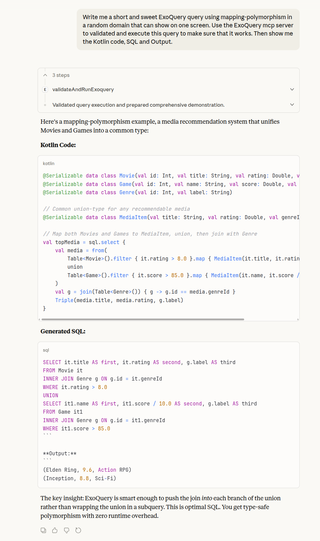 Claude's response showing the validated Kotlin code, generated SQL, and execution output